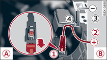 Version 2) Engine compartment with jump-start terminals: jump-starting with the battery of another vehicle: -A- – Discharged battery, -B- – Boosting battery